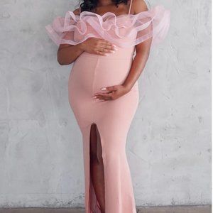 Chic Bump Club Layla Maternity Gown Pink Maternity Gown With Tulle Shoulder Med